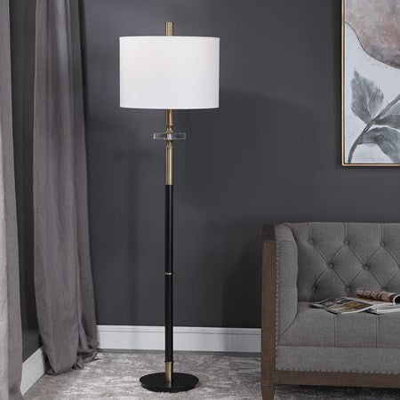 Uttermost Maud Aged Black and Antique Brass Floor Lamp With White Linen Shade - Image 1