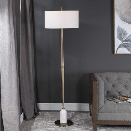 Uttermost Minette Antiqued Brass and White Marble Floor Lamp With Linen Shade - Image 1