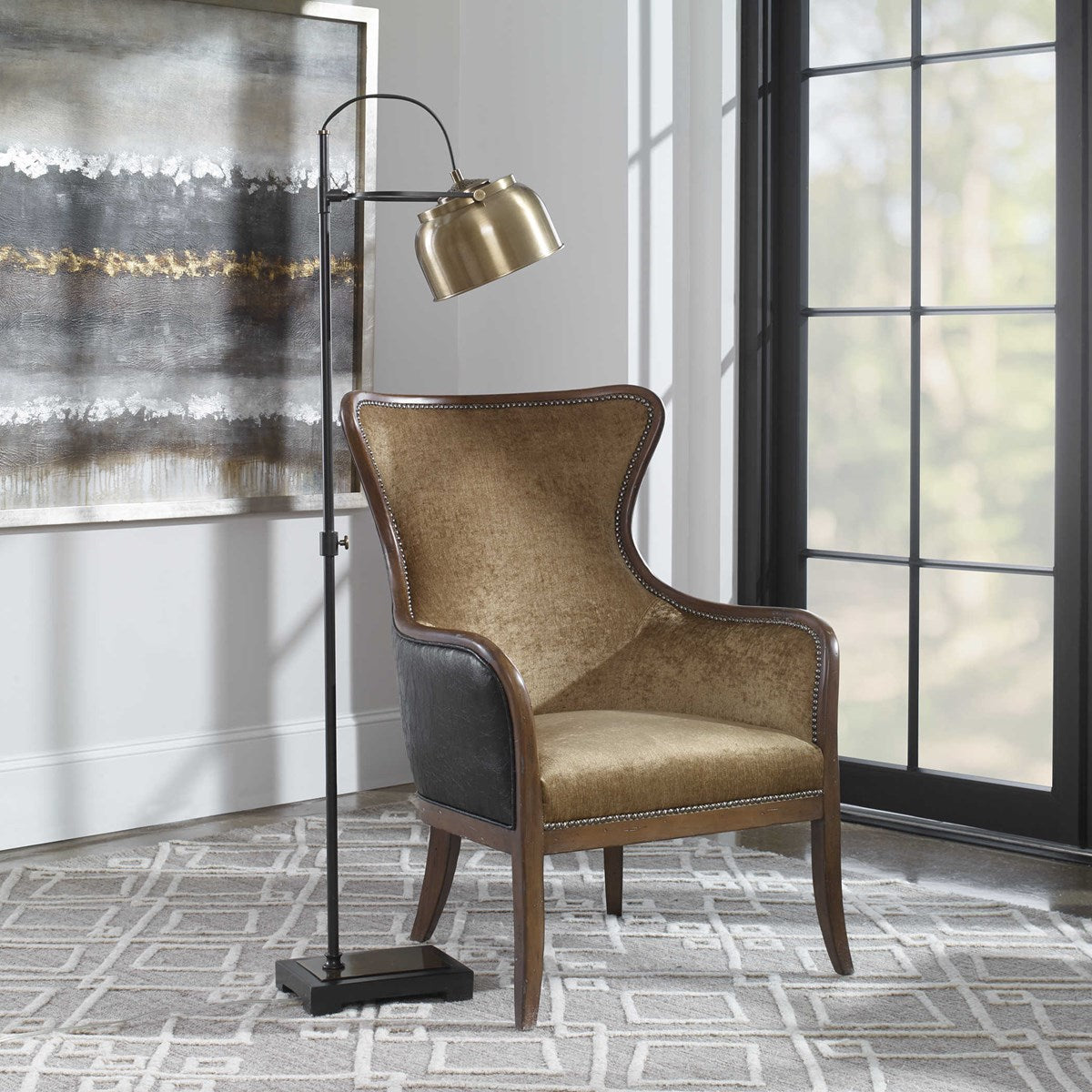 Uttermost Bessemer Antique Brass and Aged Black Reading Floor Lamp With Metal Shade - Image 3