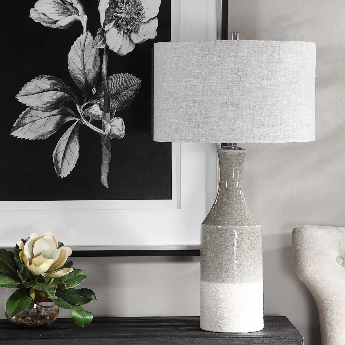Uttermost Savin Glossy Gray Glazed Ceramic Table Lamp With Linen Shade - Image 3