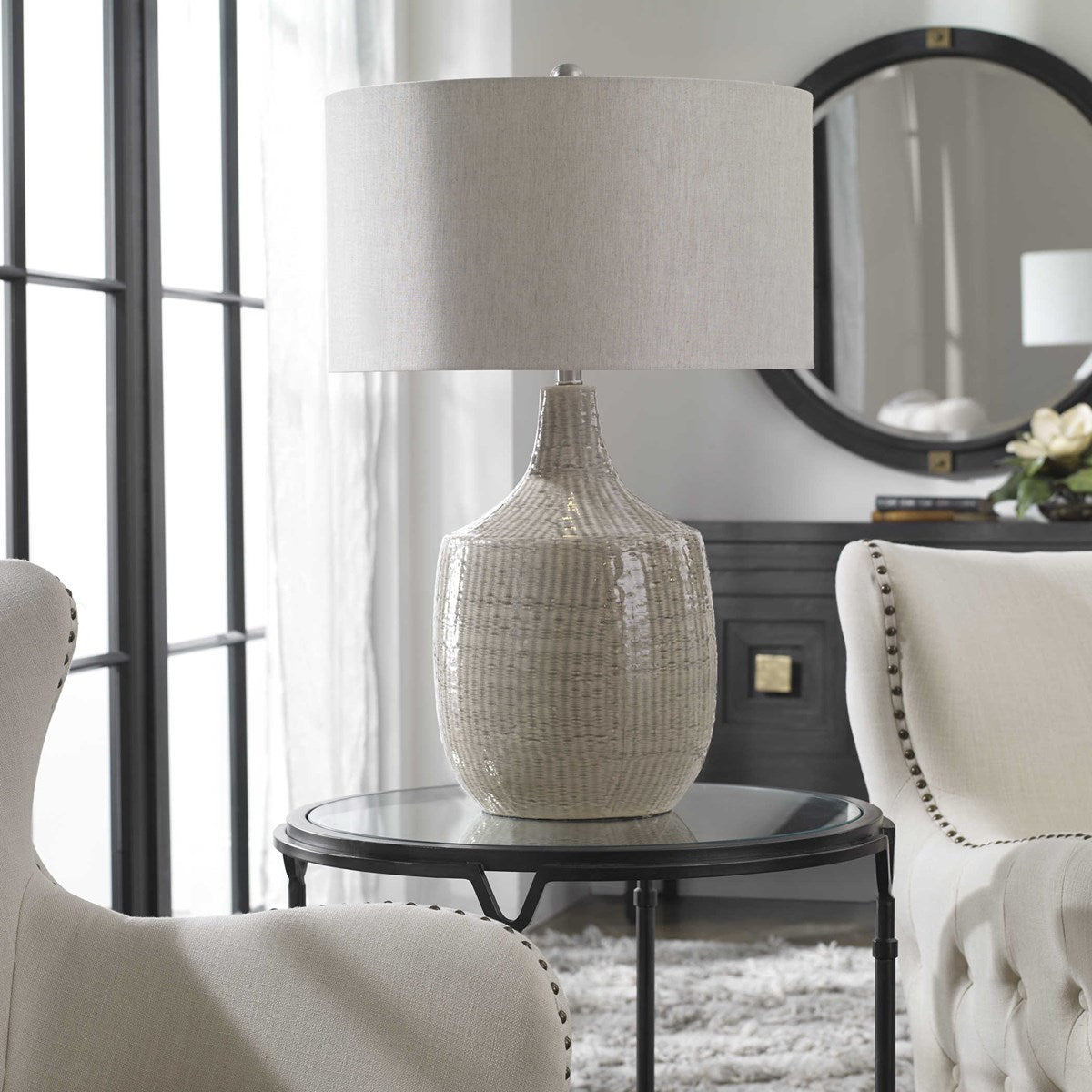 Uttermost Felipe Light Gray Ceramic Table Lamp With Linen Shade - Image 1