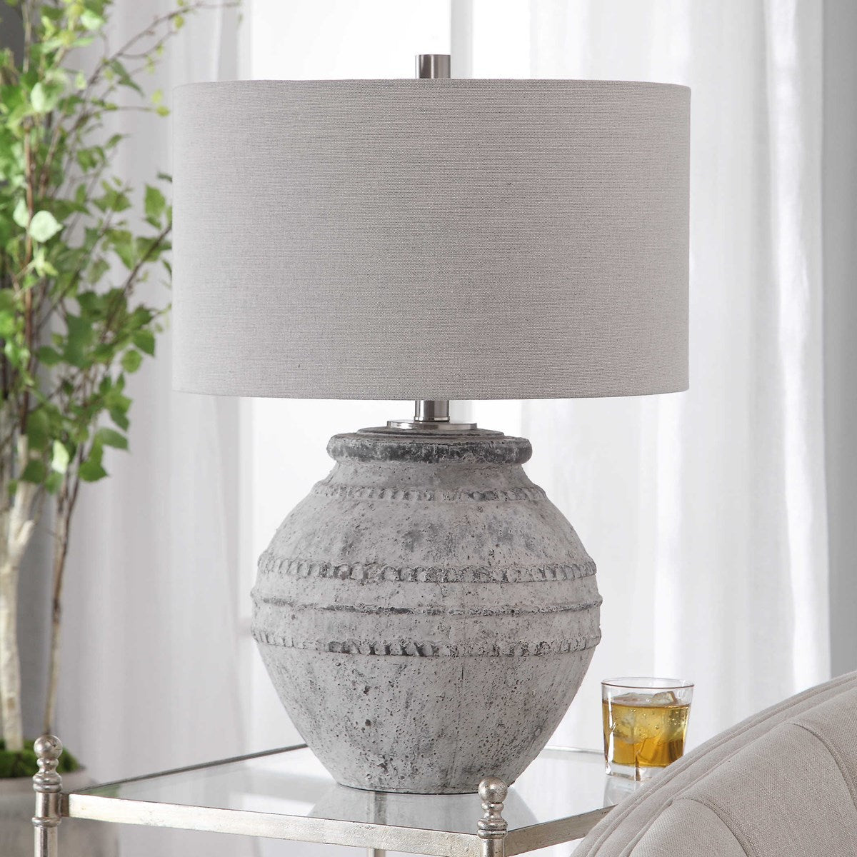 Uttermost Montsant Ivory Stone and Aged Gray Ceramic Table Lamp With Linen Shade - Image 1