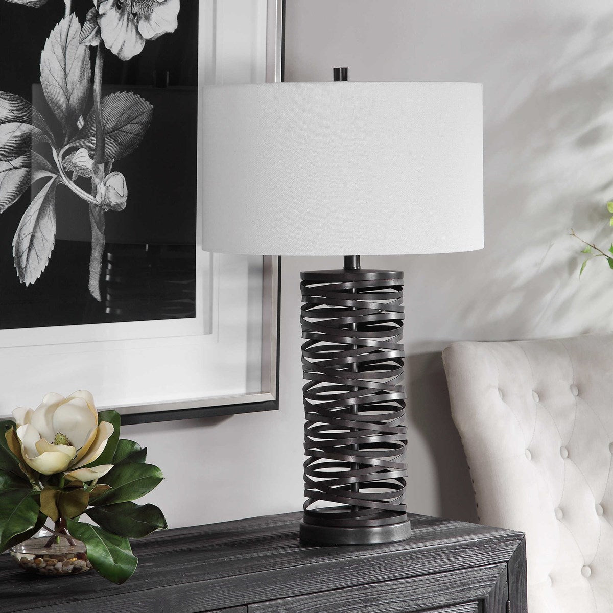 Uttermost Alita Aged Rust Black Table Lamp With White Linen Shade - Image 2