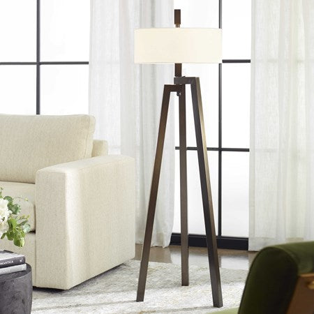 Uttermost Mondovi Brushed Bronze Floor Lamp With White Linen Shade - Image 1