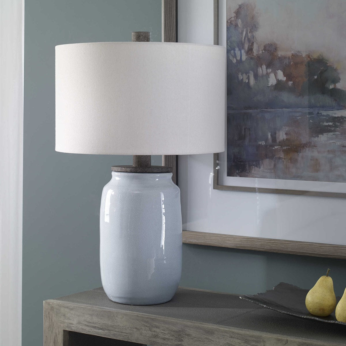Uttermost Dimitri Light Blue Crackle Glazed Ceramic Table Lamp With Linen Shade - Image 3
