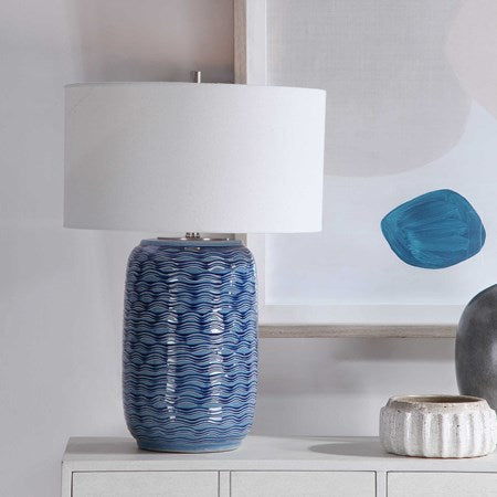 Uttermost Sedna Blue Ceramic Table Lamp With White Linen Shade - Image 1