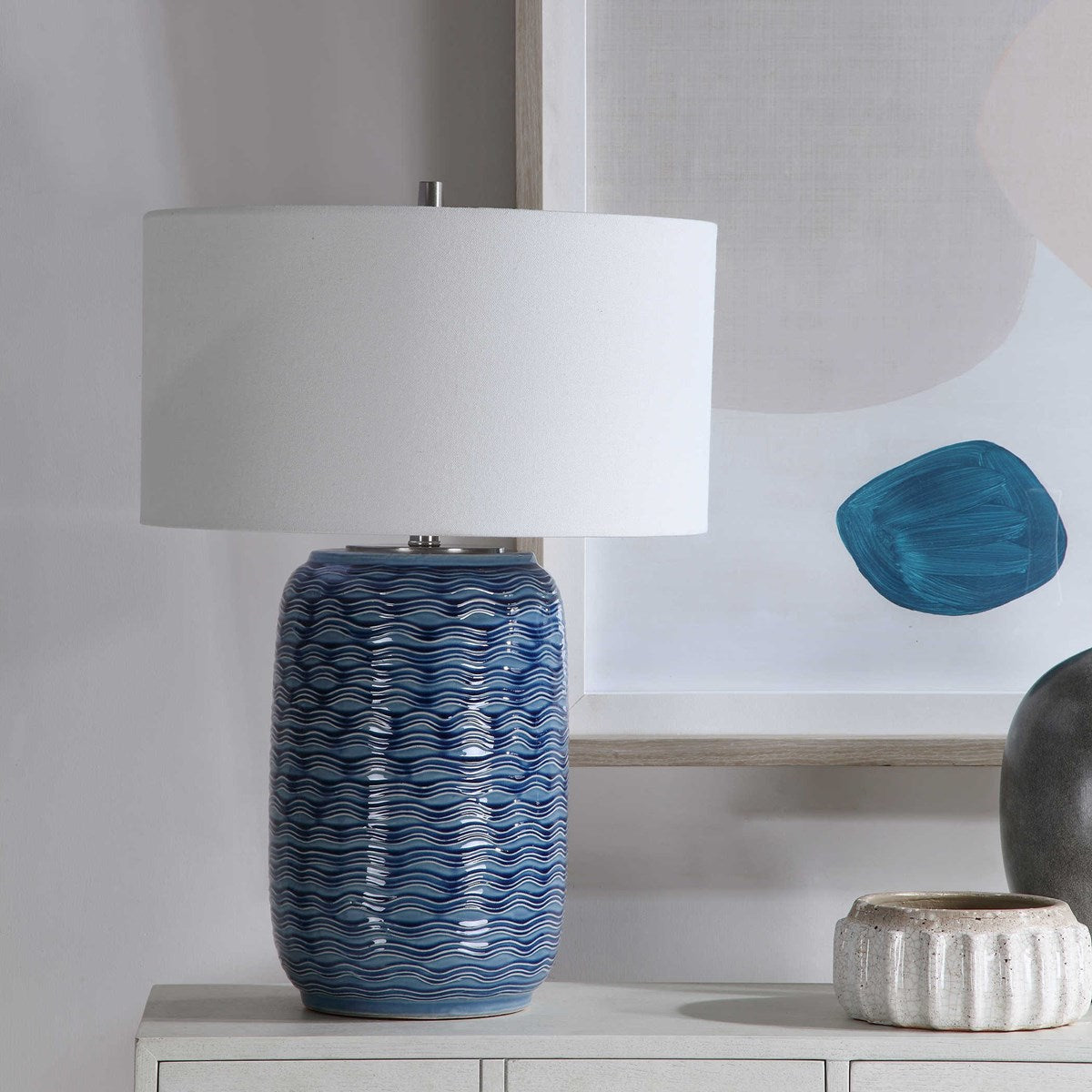 Uttermost Sedna Blue Ceramic Table Lamp With White Linen Shade - Image 3