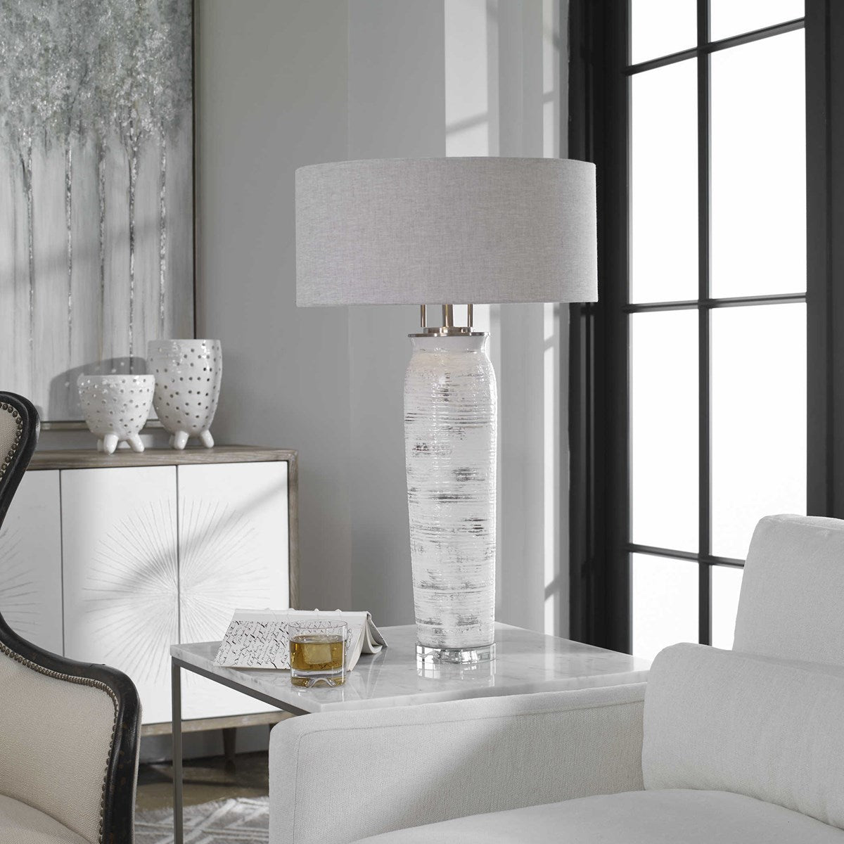 Uttermost Lenta Off-White Ceramic Table Lamp With Oatmeal Linen Shade - Image 1