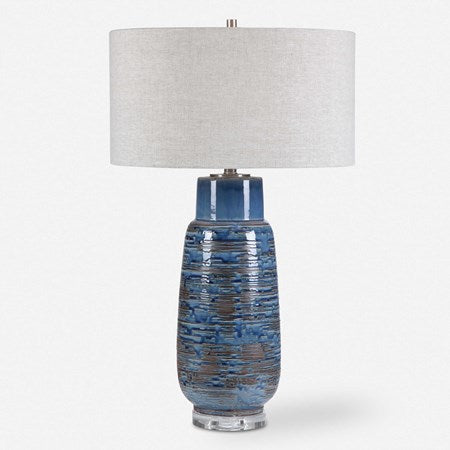 Uttermost Magellan Indigo Blue Glazed Ceramic Table Lamp With Linen Shade - Image 2