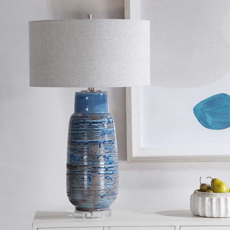 Uttermost Magellan Indigo Blue Glazed Ceramic Table Lamp With Linen Shade - Image 1