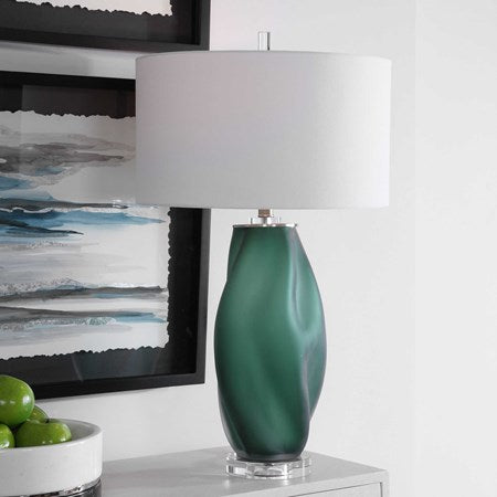 Uttermost Esmeralda Frosted Emerald Green Glass Table Lamp With White Linen Fabric - Image 1
