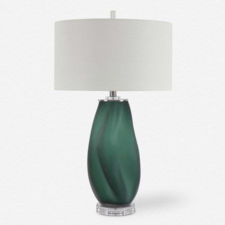 Uttermost Esmeralda Frosted Emerald Green Glass Table Lamp With White Linen Fabric - Image 2