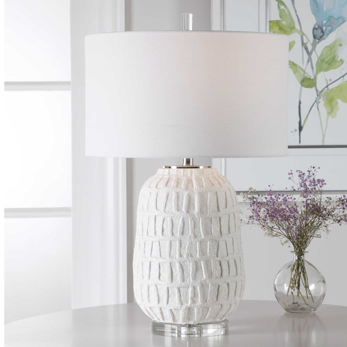 Uttermost Caelina Aged White Textured Ceramic Table Lamp With Linen Shade - Image 1