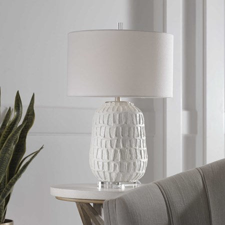 Uttermost Caelina Aged White Textured Ceramic Table Lamp With Linen Shade - Image 3