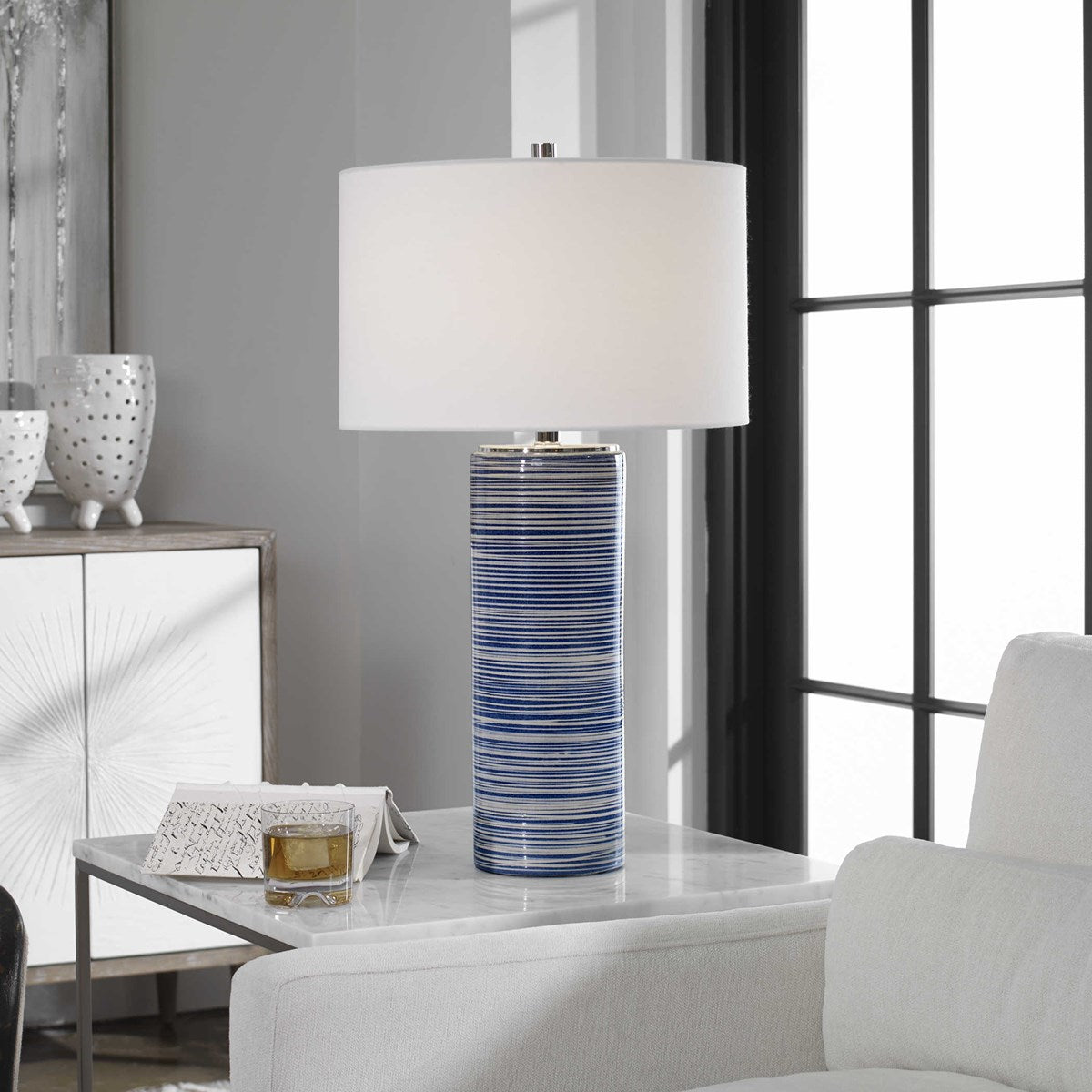 Uttermost Montauk White and Indigo Blue Striped Ceramic Table Lamp With Linen Shade - Image 3