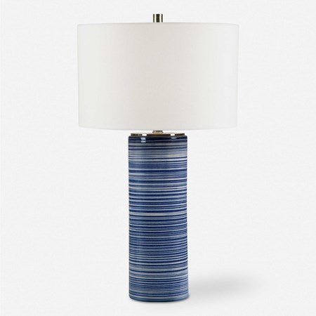 Uttermost Montauk White and Indigo Blue Striped Ceramic Table Lamp With Linen Shade - Image 2