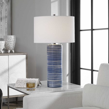 Uttermost Montauk White and Indigo Blue Striped Ceramic Table Lamp With Linen Shade - Image 1