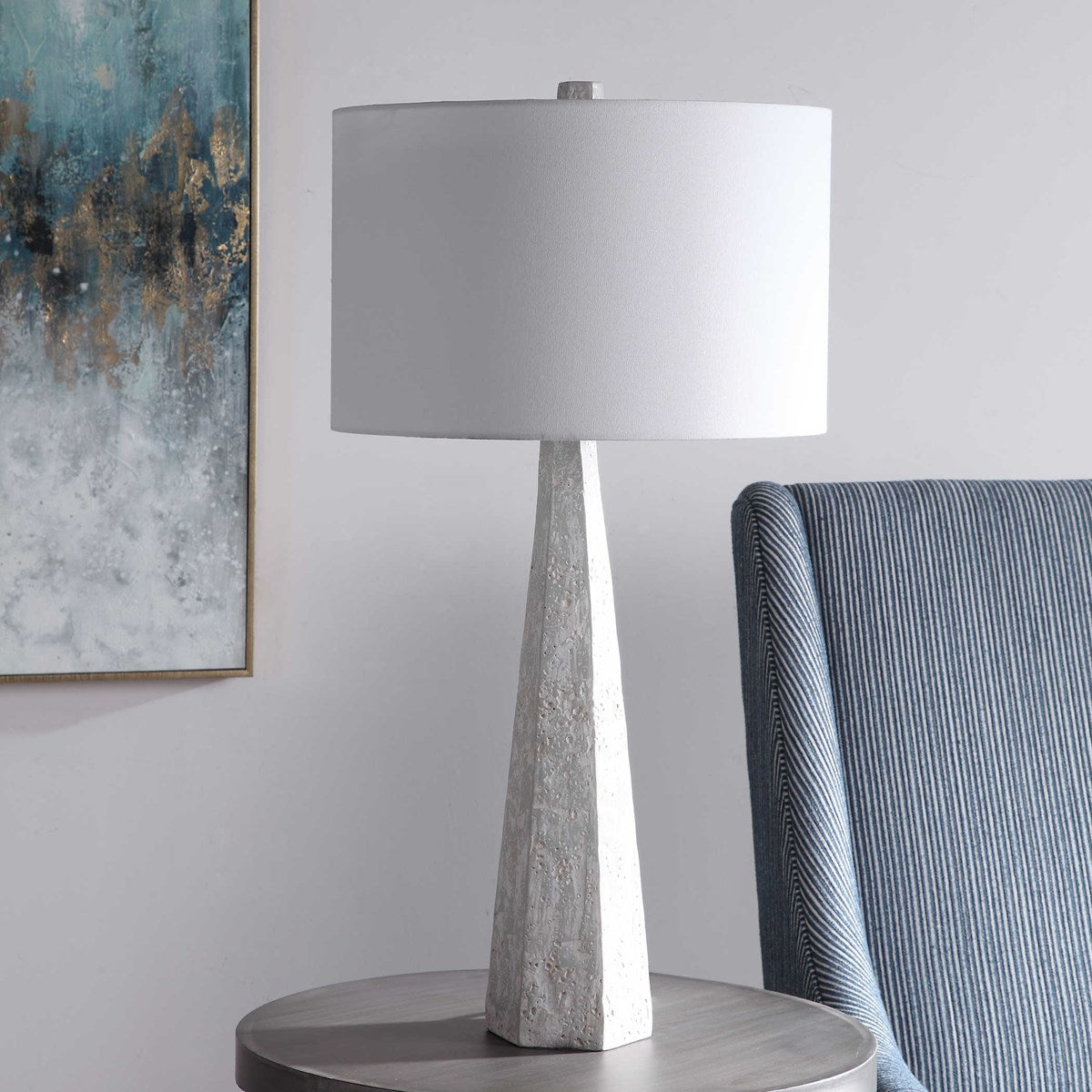 Uttermost Apollo Off-White, Light Gray and Taupe Textured Table Lamp With White Linen Drum Shade - Image 1