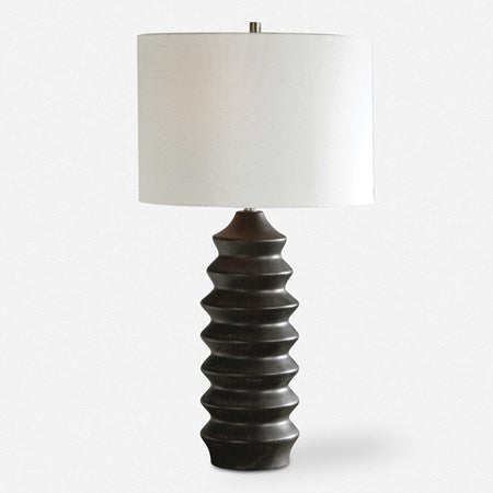 Uttermost Mendocino Black Carved Wood Table Lamp With White Linen Shade - Image 2