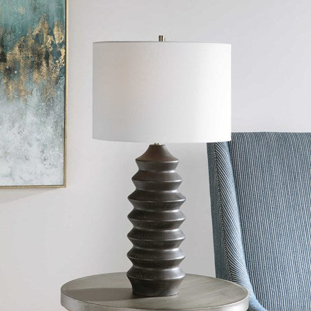 Uttermost Mendocino Black Carved Wood Table Lamp With White Linen Shade - Image 1