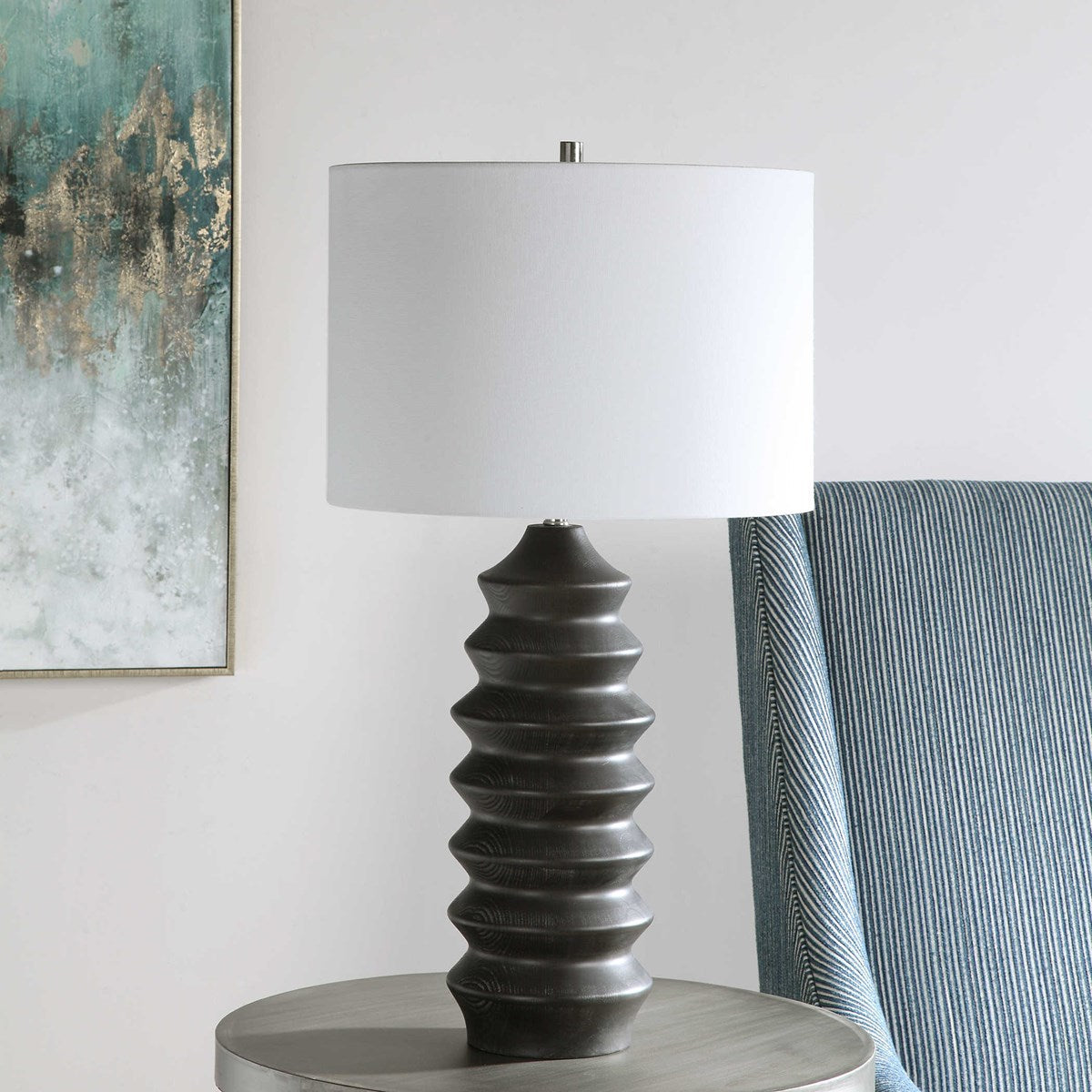 Uttermost Mendocino Black Carved Wood Table Lamp With White Linen Shade - Image 3