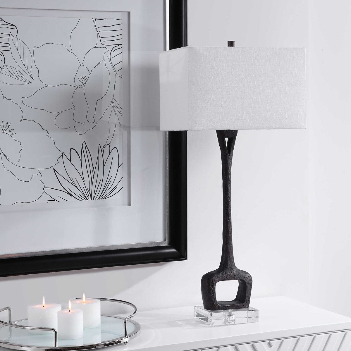 Uttermost Darbie Aged Black Iron Modern Table Lamp With White Linen Shade - Image 3