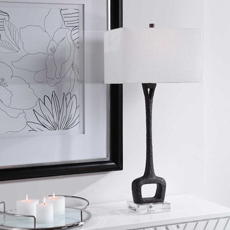 Uttermost Darbie Aged Black Iron Modern Table Lamp With White Linen Shade - Image 1