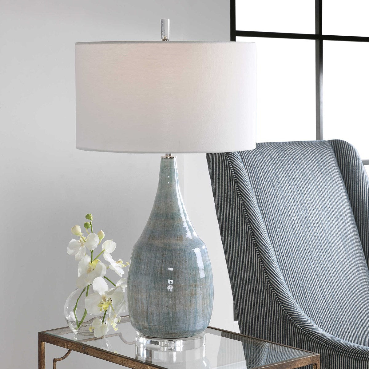 Uttermost Rialta Aqua Crackled Glaze Ceramic Table Lamp With White Linen - Image 1