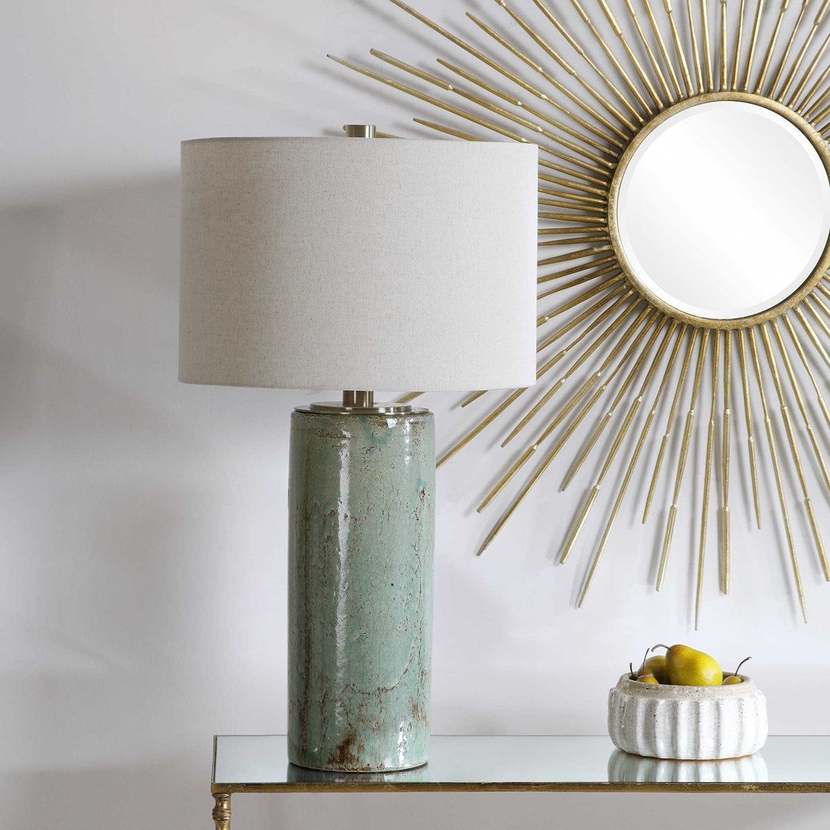 Uttermost Callais Crackled Aqua Blue Glaze Ceramic Table Lamp With Light Beige Linen Shade - Image 1