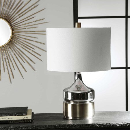 Uttermost Como Chrome Glass Table Lamp With White Linen Shade - Image 1