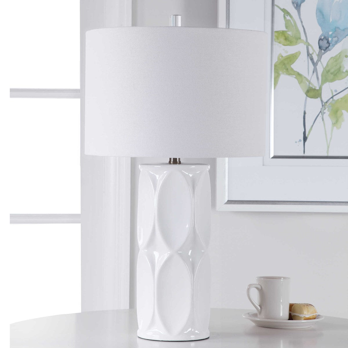 Uttermost Sinclair Glossy White Glaze Ceramic Table Lamp With Linen Shade - Image 3