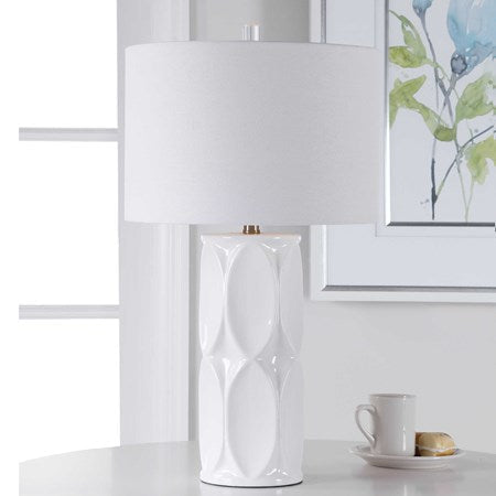 Uttermost Sinclair Glossy White Glaze Ceramic Table Lamp With Linen Shade - Image 1