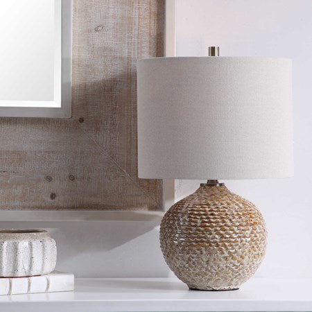Uttermost Lagos Rust Brown Glazed Ceramic Table Lamp With Beige Linen Shade - Image 1