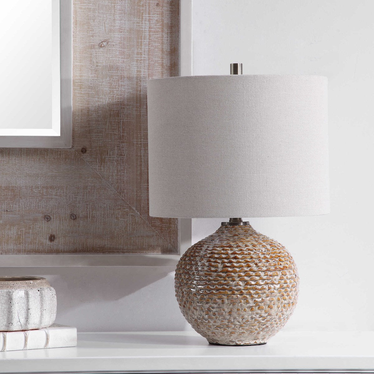 Uttermost Lagos Rust Brown Glazed Ceramic Table Lamp With Beige Linen Shade - Image 3