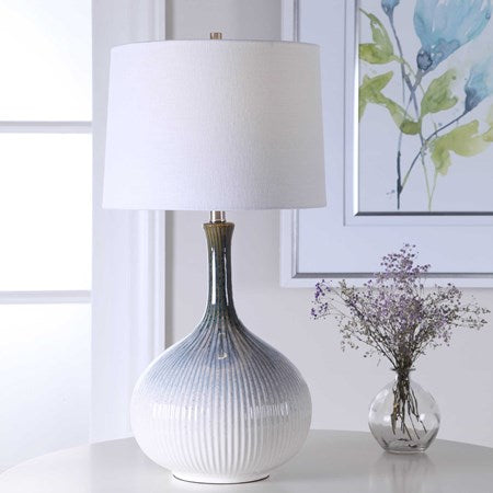 Uttermost Eichler Cream, Light Blue and Indigo Ceramic Table Lamp With Linen Shade - Image 3