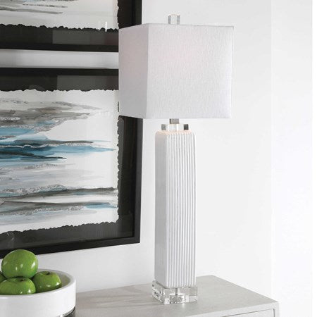 Uttermost Bennett Gloss White Glaze Crystal Buffet Lamp With Linen Shade - Image 1