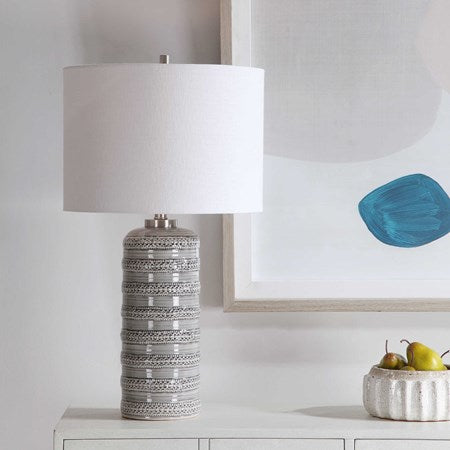 Uttermost Alenon Gray Glazed Ceramic Table Lamp With Linen Drum Shade - Image 1