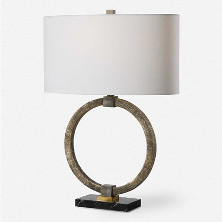 Uttermost Relic Antiqued Gold and Dark Bronze Table Lamp With White Linen Shade - Image 3