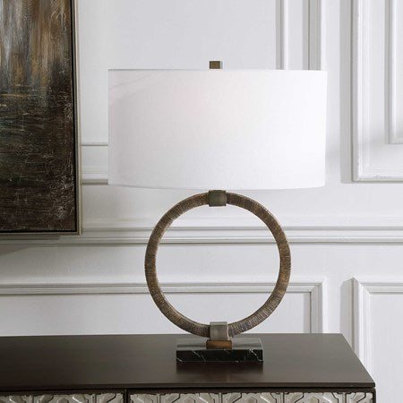 Uttermost Relic Antiqued Gold and Dark Bronze Table Lamp With White Linen Shade - Image 1