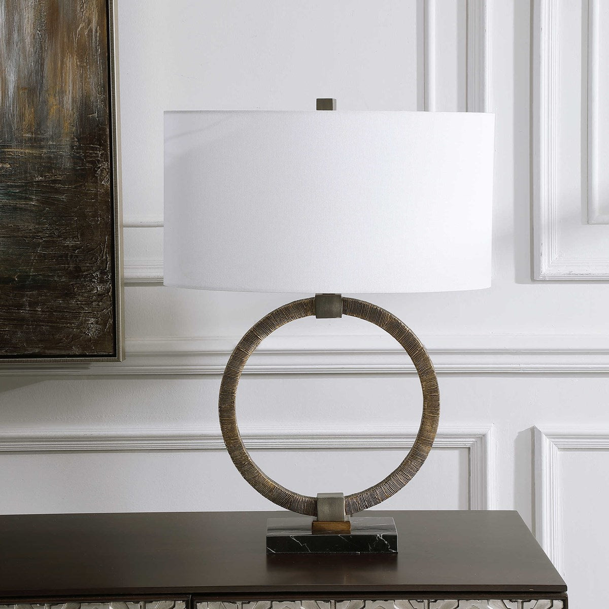 Uttermost Relic Antiqued Gold and Dark Bronze Table Lamp With White Linen Shade - Image 2
