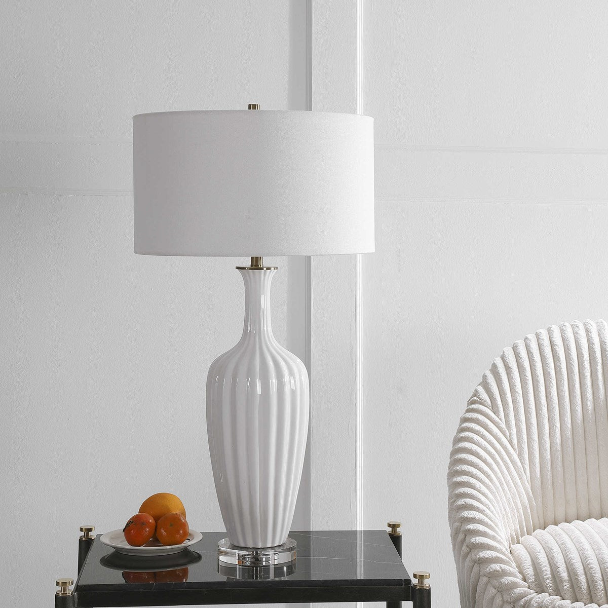 Uttermost Strauss Gloss White Glazed Ceramic Table Lamp With Linen Shade - Image 1