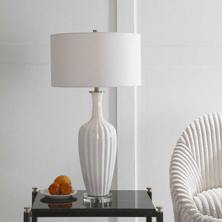 Uttermost Strauss Gloss White Glazed Ceramic Table Lamp With Linen Shade - Image 3