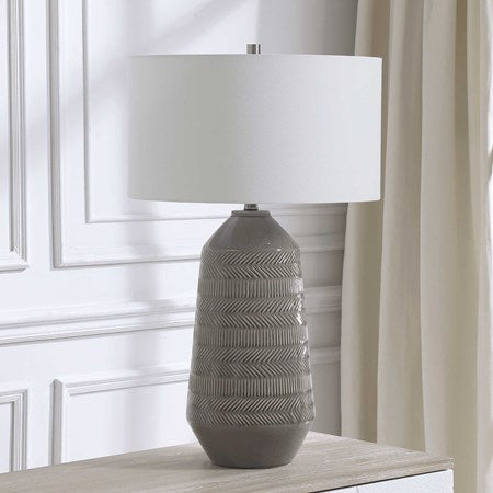 Uttermost Rewind Soft Gray Glazed Ceramic Table Lamp With White Shade - Image 1