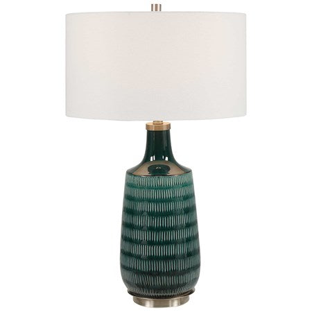 Uttermost Scouts Deep Teal Glaze Ceramic Table Lamp With White Shade - Image 1