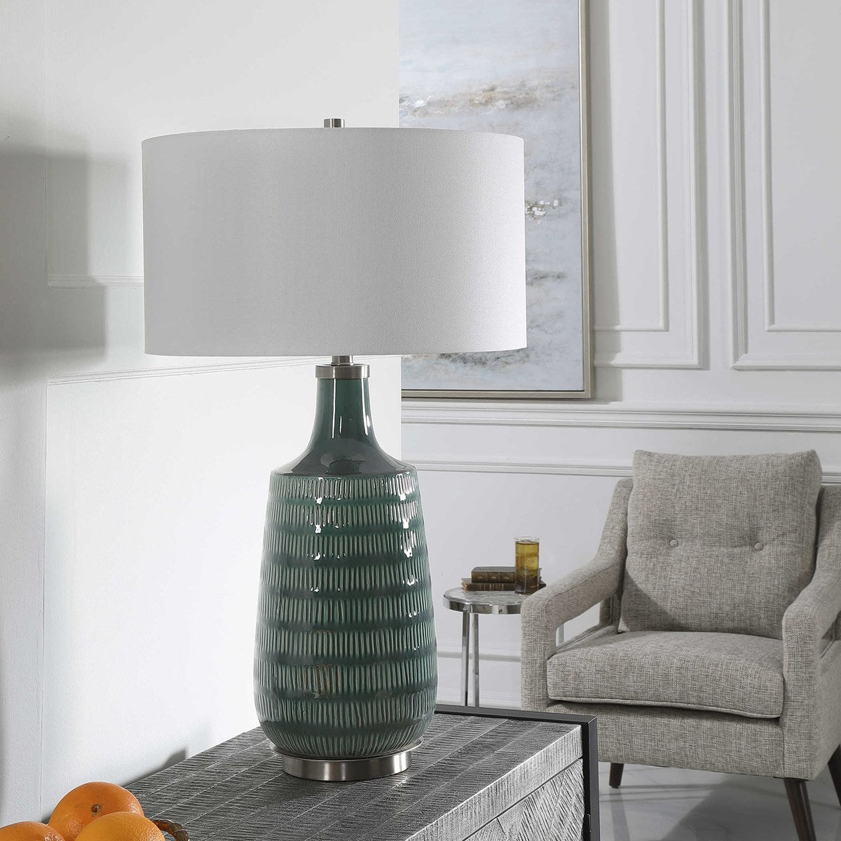 Uttermost Scouts Deep Teal Glaze Ceramic Table Lamp With White Shade - Image 2