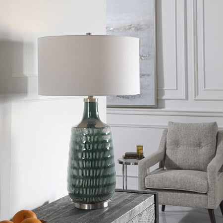 Uttermost Scouts Deep Teal Glaze Ceramic Table Lamp With White Shade - Image 3