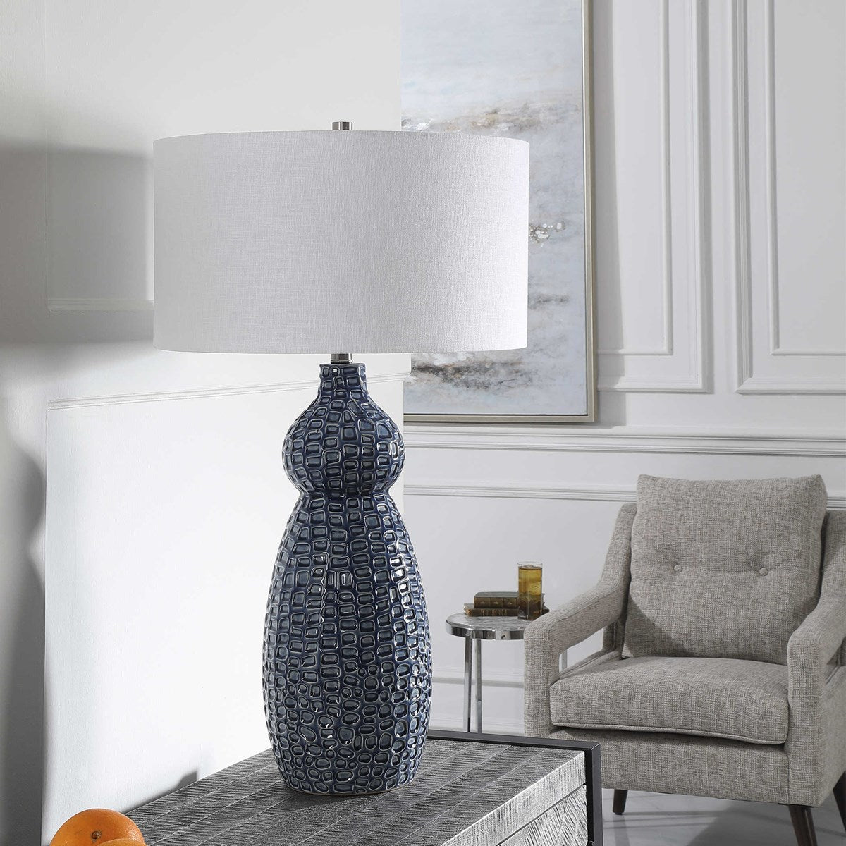 Uttermost Holloway Cobalt Blue Glazed Ceramic Table Lamp With Off-White Linen Shade - Image 3