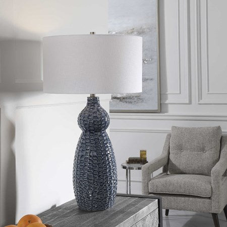 Uttermost Holloway Cobalt Blue Glazed Ceramic Table Lamp With Off-White Linen Shade - Image 1