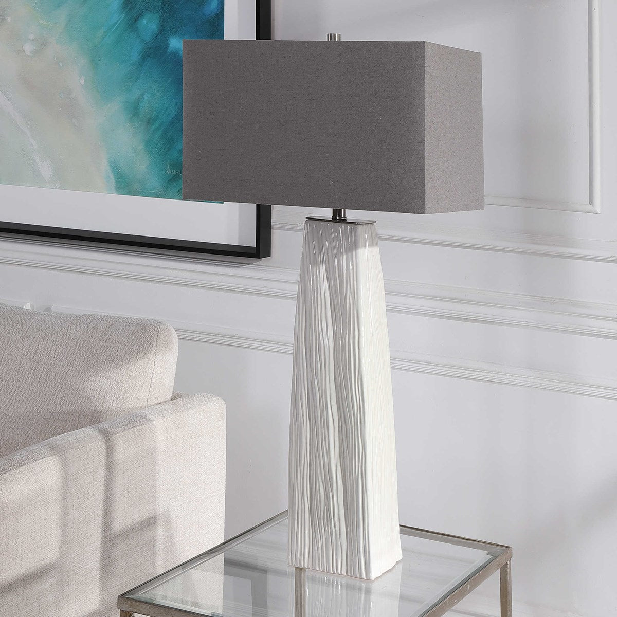 Uttermost Sycamore Gloss White Ceramic Table Lamp With Gray Linen Shade - Image 1