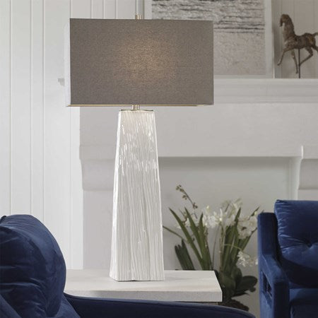 Uttermost Sycamore Gloss White Ceramic Table Lamp With Gray Linen Shade - Image 3